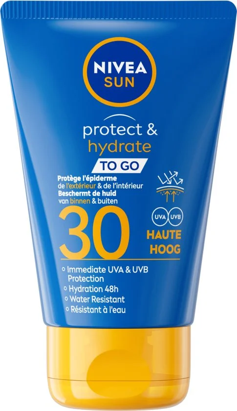 Plain product photo of a Nivea Sun sunscreen tube